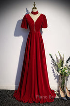 Long Velvet V-Neckline Floor Length Formal Prom Dresses, Black Evening Wedding Party Dresses