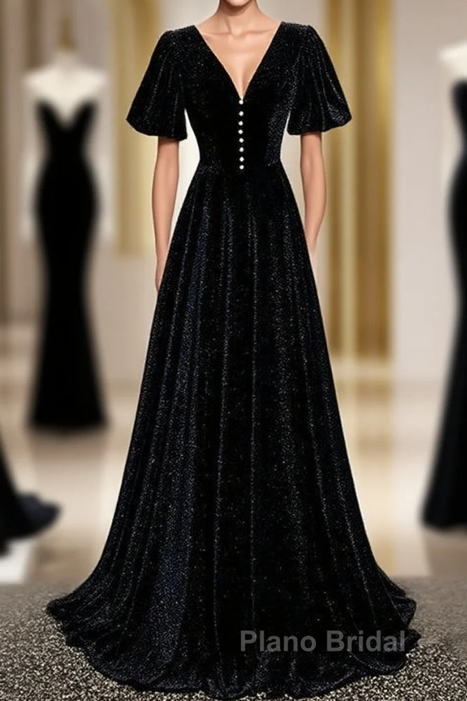 Long Velvet V-Neckline Floor Length Formal Prom Dresses, Black Evening Wedding Party Dresses