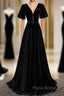 Long Velvet V-Neckline Floor Length Formal Prom Dresses, Black Evening Wedding Party Dresses