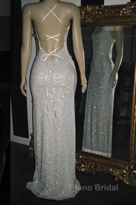 Long White Sequin Formal Prom Dresses Cross Back Halter Evening Gown