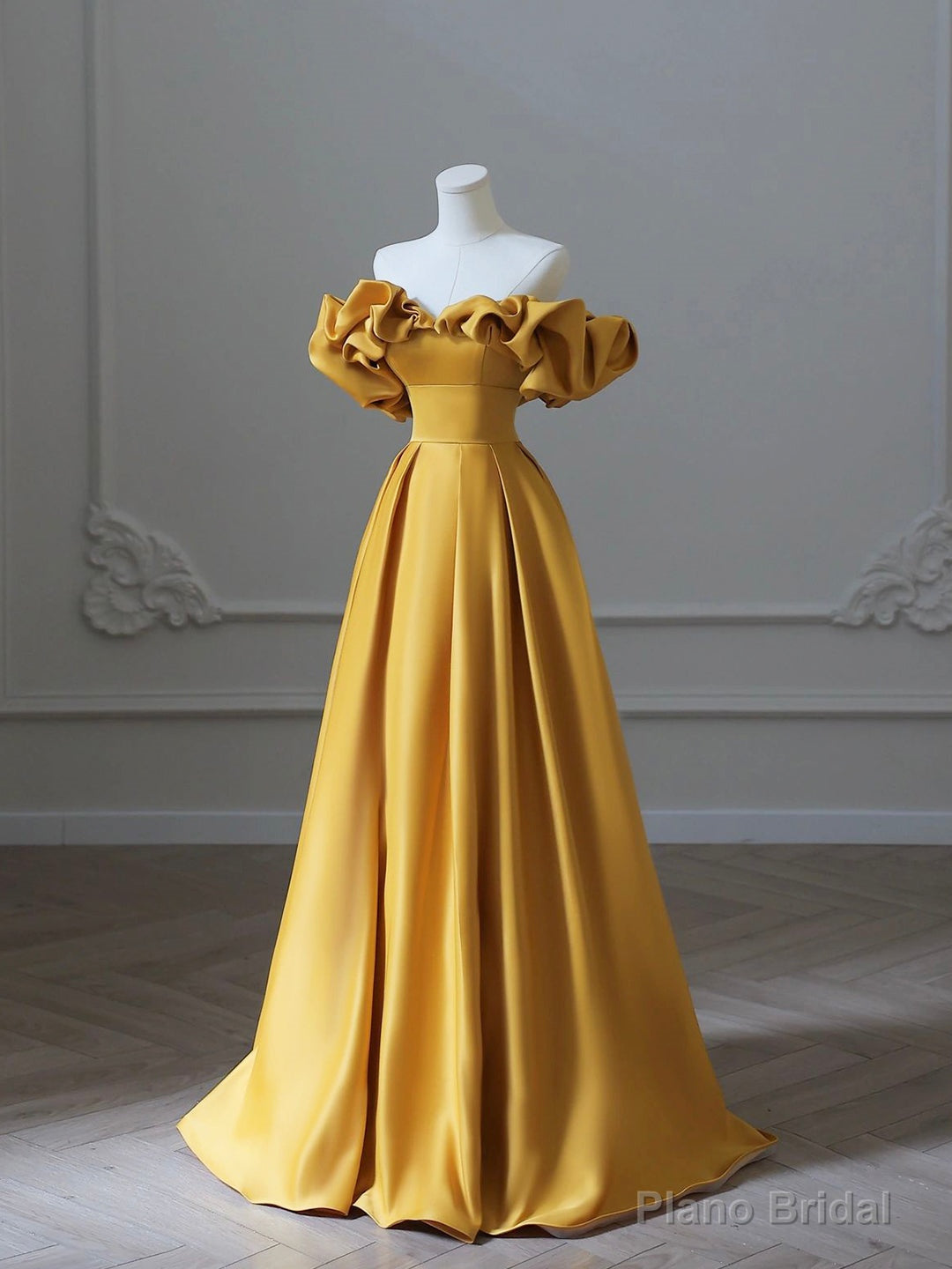 Yellow Satin Long Prom Dress, Off Shoulder A-Line Evening Dress Secondary image