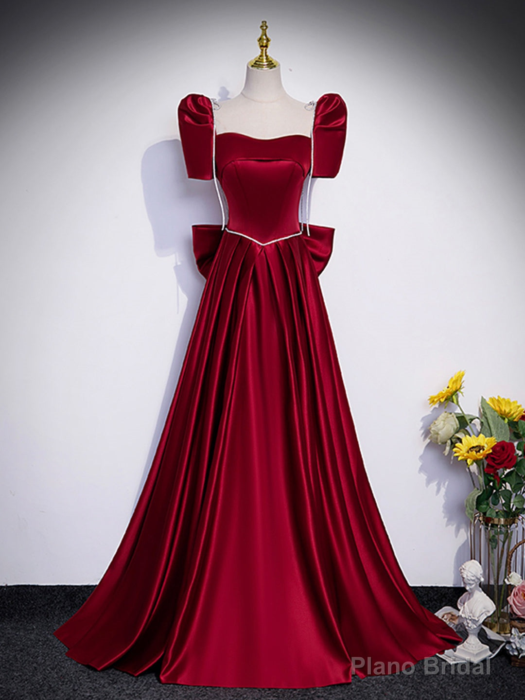 Beautiful Satin Floor Length Prom Dress with Bowknot, Burgundy Short Sleeve Evening Dress Main image
