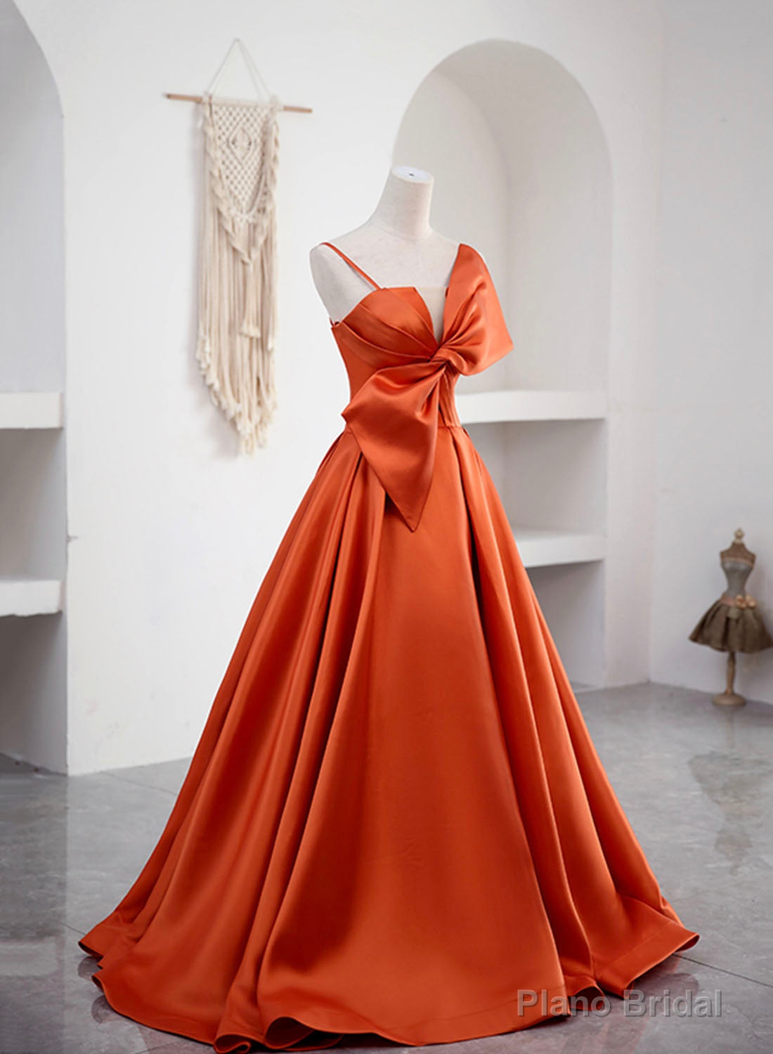Spaghetti Straps Orange Satin Prom Formal Dress, A-Line Floor Length Evening Dress Secondary image