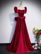 Beautiful Satin Floor Length Prom Dress with Bowknot, Burgundy Short Sleeve Evening Dress