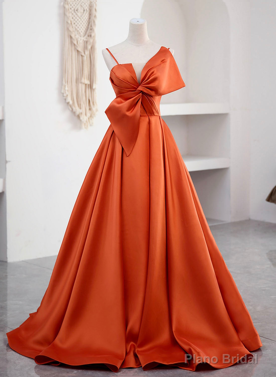 Spaghetti Straps Orange Satin Prom Formal Dress, A-Line Floor Length Evening Dress Main image