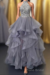 Grey Tulle Long Formal Prom Dresses, A-Line Evening Dresses
