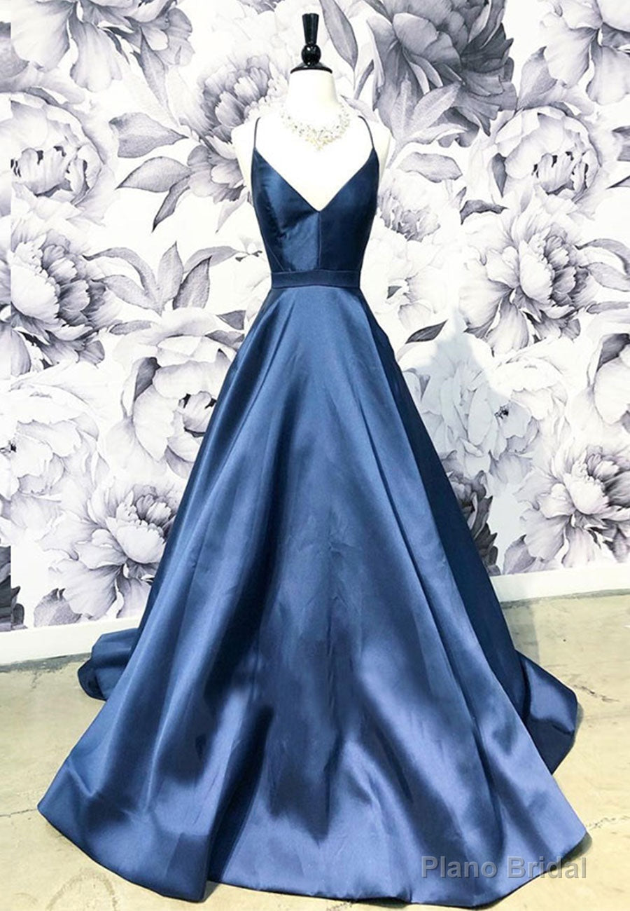 Blue Satin Long A-Line Prom Dress, Simple V-Neck Evening Dress Main image