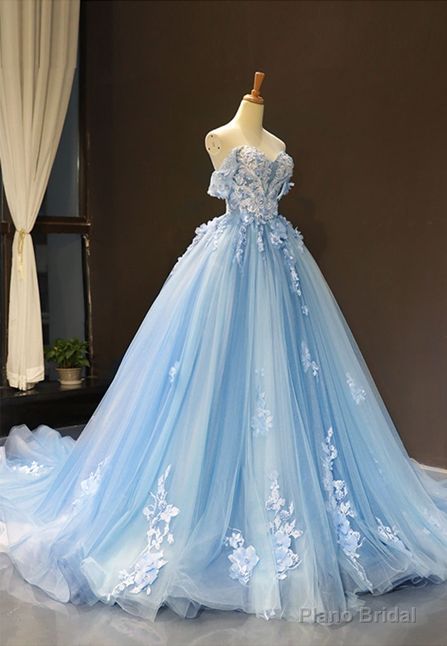 Blue Tulle Long A-Line Prom Dress, Off the Shoulder Evening Dress Main image