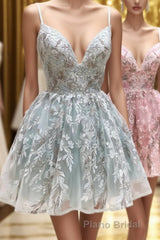 Cute V-Neck Lace Short Formal Prom Dresses, A-Line Homecoming Dresses