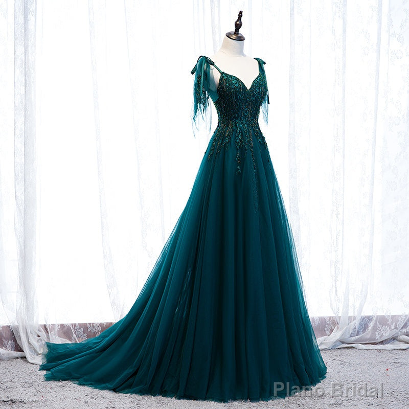 Lovely A-line Straps Tulle Teal Blue Long Evening Dress Prom Dress, A-line Formal Dresses Main image