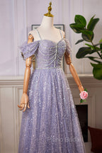 Lovely A-Line Tulle Sequins Floor Length Formal Prom Dresses, Off The Shoulder Evening Party Dresses