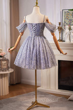 Lovely A-Line Tulle Sequins Knee Length Formal Prom Dresses, Off The Shoulder Evening Party Dresses