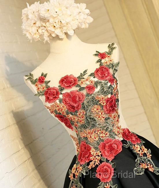 Lovely Black High Low Homecoming Dresses With Floral Lace, Party Dresses