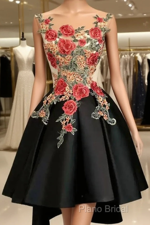 Lovely Black High Low Homecoming Dresses With Floral Lace, Party Dresses
