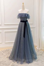 Lovely Blue A-Line Shiny Tulle Sweetheart Party Dresses, Blue Long Formal Dresses Formal Prom Dresses