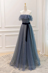 Lovely Blue A-Line Shiny Tulle Sweetheart Party Dresses, Blue Long Formal Dresses Formal Prom Dresses