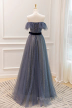Lovely Blue A-Line Shiny Tulle Sweetheart Party Dresses, Blue Long Formal Dresses Formal Prom Dresses