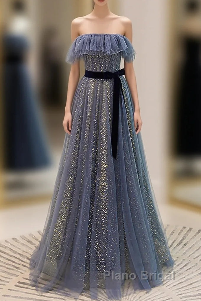 Lovely Blue A-Line Shiny Tulle Sweetheart Party Dresses, Blue Long Formal Dresses Formal Prom Dresses Main image