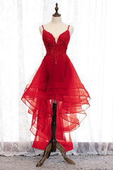 Lovely Blue High Low V-Neckline Straps Party Dresses, New Straps Formal Prom Dresses