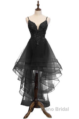 Lovely Blue High Low V-Neckline Straps Party Dresses, New Straps Formal Prom Dresses