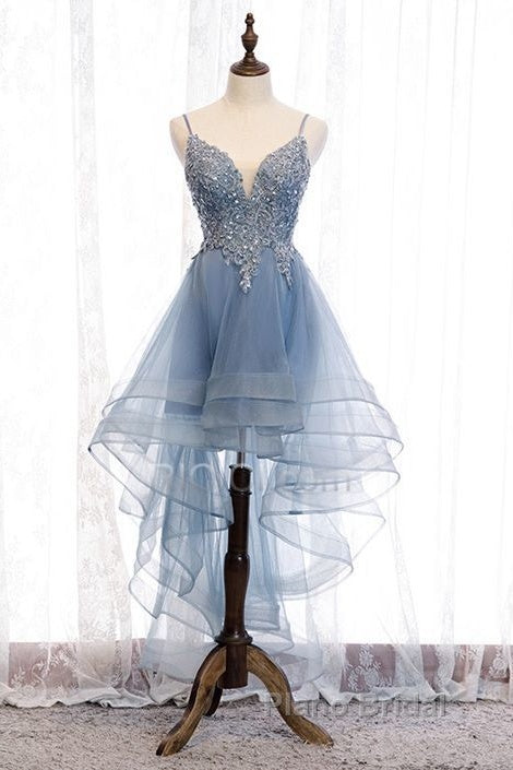 Lovely Blue High Low V-Neckline Straps Party Dresses, New Straps Formal Prom Dresses