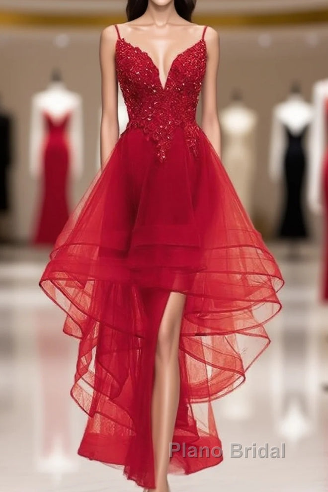 Lovely Blue High Low V-Neckline Straps Party Dresses, New Straps Formal Prom Dresses