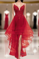 Lovely Blue High Low V-Neckline Straps Party Dresses, New Straps Formal Prom Dresses