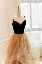 Lovely Champagne A-Line Beaded Strap Party Dresses, Tulle Layers Long Formal Prom Dresses