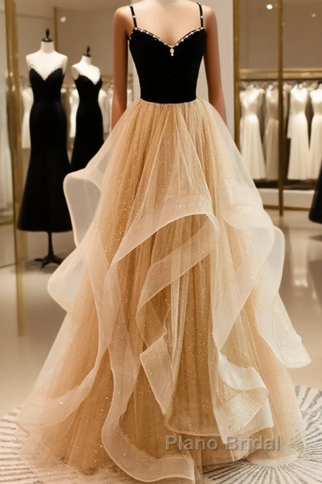 Lovely Champagne A-Line Beaded Strap Party Dresses, Tulle Layers Long Formal Prom Dresses Main image