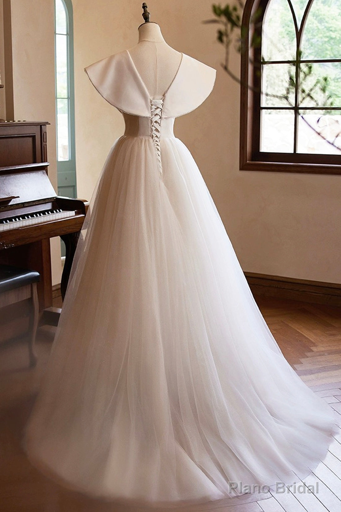 Lovely Champagne Long Prom Dresses, A-Line Princess V-Neck Bow Sleeveless Backless Formal Dresses