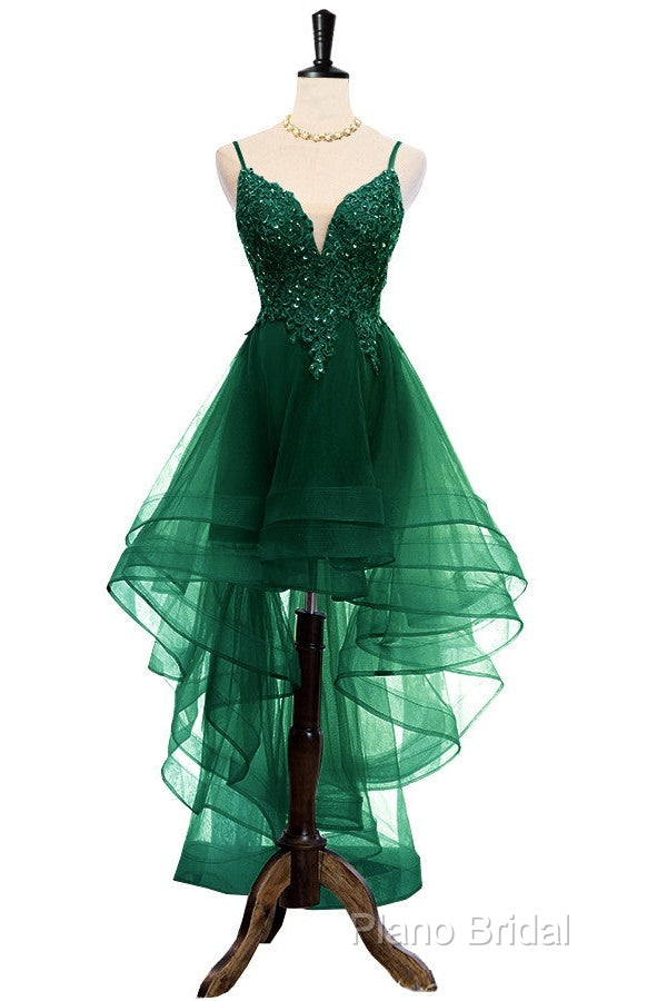 Lovely Dark Green High Low Chic Party Dresses Formal Prom Dresses, V-Neckline Straps Homecoming Dresses Secondary image