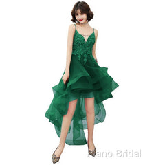 Lovely Dark Green High Low Chic Party Dresses Formal Prom Dresses, V-Neckline Straps Homecoming Dresses