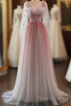 Lovely Gradient A-Line Tulle Long Sleeves Party Dresses, Gradient Formal Prom Dresses