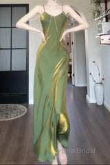 Lovely Green Straps Long Formal Dresses, Green Satin Party Dresses Evening Dresses