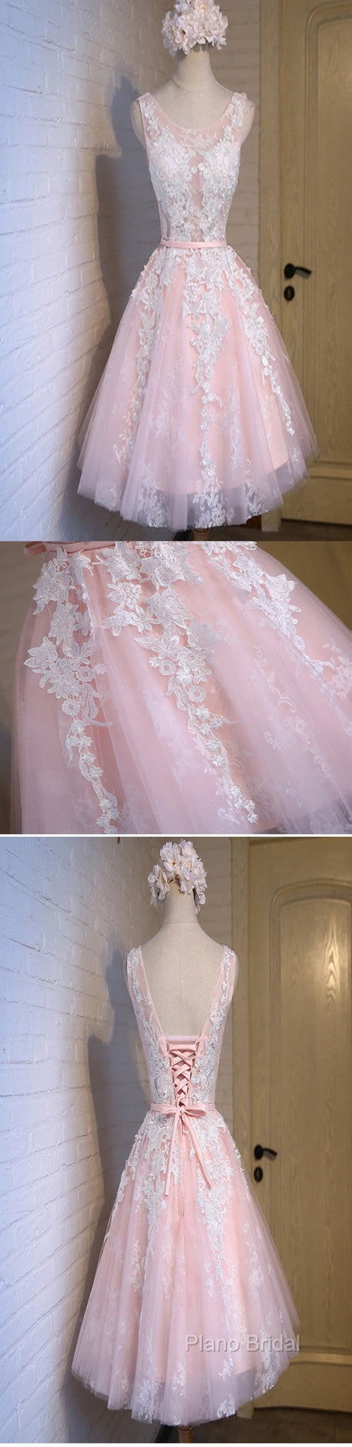 Lovely Junior Pink White Lace Appliques Lace Up Back Sleeveless Homecoming Dresses