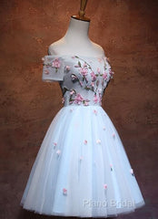 Lovely Light Blue Tulle Knee Length Homecoming Dresses, Cute Floral Party Dresses