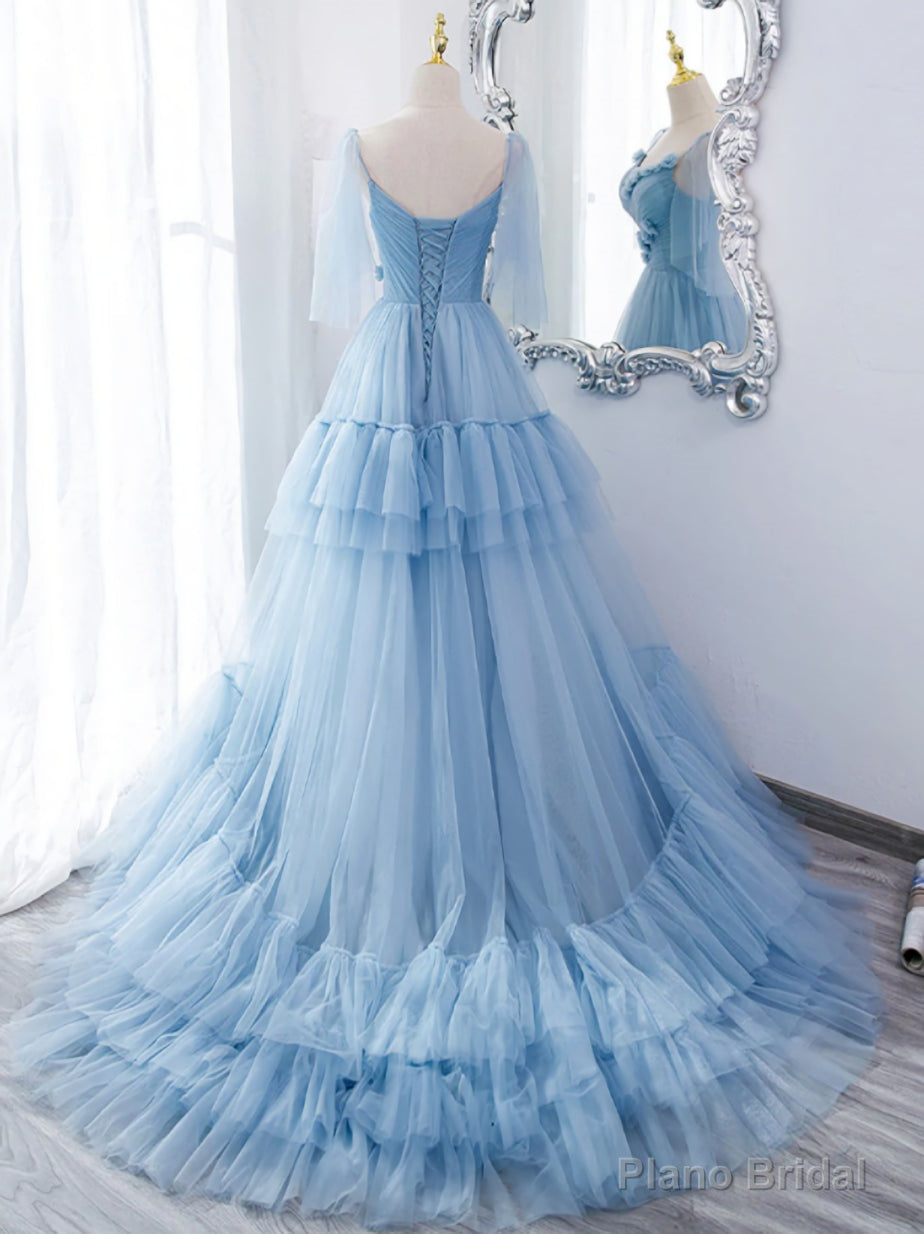 Lovely Light Blue Tulle with Straps Layers Long Formal Dresses, Blue Evening Gown Party Dresses Secondary image