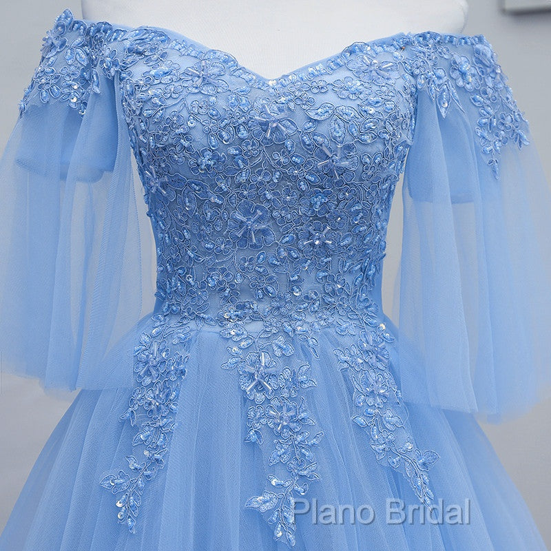 Lovely Light Blue With Lace Off Shoulder Short Formal Prom Dresses, Blue Homecoming Dresses