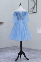 Lovely Light Blue With Lace Off Shoulder Short Formal Prom Dresses, Blue Homecoming Dresses