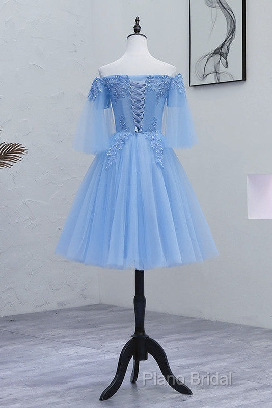 Lovely Light Blue With Lace Off Shoulder Short Formal Prom Dresses, Blue Homecoming Dresses