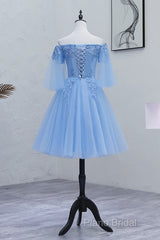 Lovely Light Blue With Lace Off Shoulder Short Formal Prom Dresses, Blue Homecoming Dresses