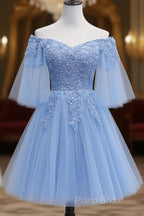 Lovely Light Blue With Lace Off Shoulder Short Formal Prom Dresses, Blue Homecoming Dresses