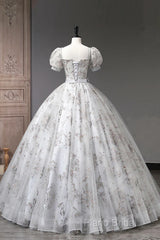 Lovely Light Grey Tulle Sequins Long Formal Prom Dresses, A-Line Grey Formal Party Dresses