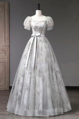 Lovely Light Grey Tulle Sequins Long Formal Prom Dresses, A-Line Grey Formal Party Dresses