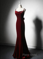Lovely Low Back Velvet Mermaid Long Formal Prom Dresses, Velvet Wedding Party Dresses