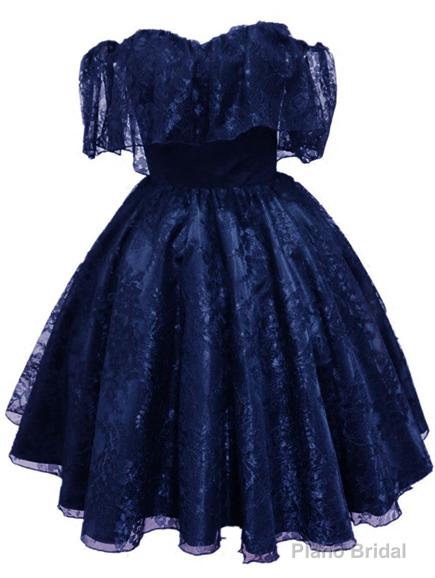 Lovely Navy Blue Lace Short Off Shoulder Prom Dress, Navy Blue Lace Homecoming Dresses Main image