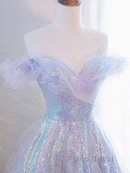 Lovely Off Shoulder A-Line Tulle And Sequins Formal Prom Dresses, Sweetheart Long Evening Dresses