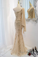 Lovely One Shoulder Champagne Sequins Mermaid Formal Prom Dresses, Champagne Evening Dresses
