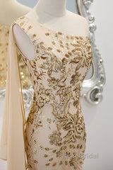 Lovely One Shoulder Champagne Sequins Mermaid Formal Prom Dresses, Champagne Evening Dresses