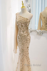 Lovely One Shoulder Champagne Sequins Mermaid Formal Prom Dresses, Champagne Evening Dresses